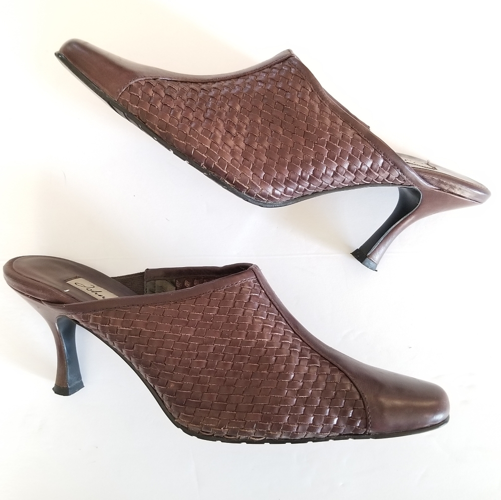 John David Naples Brown Leather Heels Mules 8.5 - Picture 1 of 8